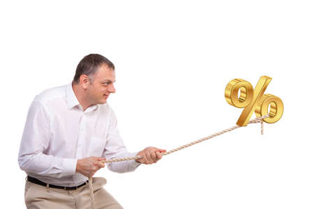 Businessman pulling a rope isolated on white background,の写真素材