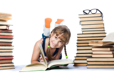 girl with lot of books, isolated on white withの写真素材