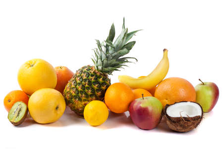 Fresh fruits isolated on a white . Set of different fresh fruitsの写真素材