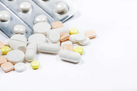 Pills close up on a light background. Medications. A variety of medications.の写真素材