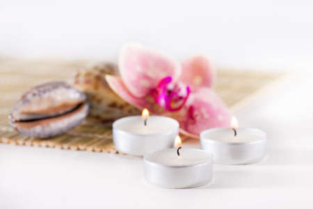Spa still life with aromatic candles, orchid flower sea shellsの写真素材