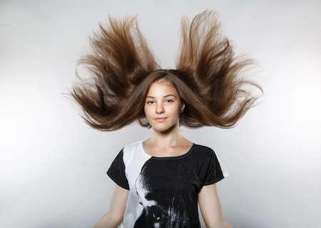 Beautiful model with windy hairの写真素材