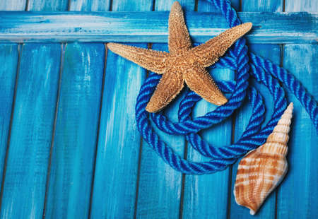 Beautiful summer sea background. Blue wooden boards, blue decorative rope, seashells. Horizontal top viewの写真素材