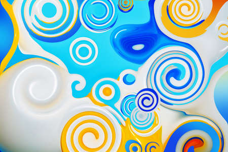 Beautiful abstract background in blue, yellow and white. Spirals and curls. Bright colorful screensaver.の写真素材
