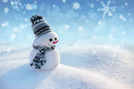 Merry snowman standing in a winter Christmas landscape. Merry Christmas and Happy New Year greeting cardの写真素材