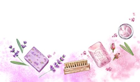 Watercolor banner with body care accessories. Spa and cosmetic products with hand painted background. Lavender soap, rose cream, flowers. Realistic illustration for beauty salon and wellness center.の写真素材