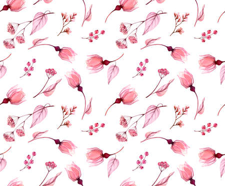 Watercolor seamless pattern. Abstract pink roses, berries, falling leaves on white. Isolated hand drawn floral background for wallpaper, textile, fabric.の写真素材