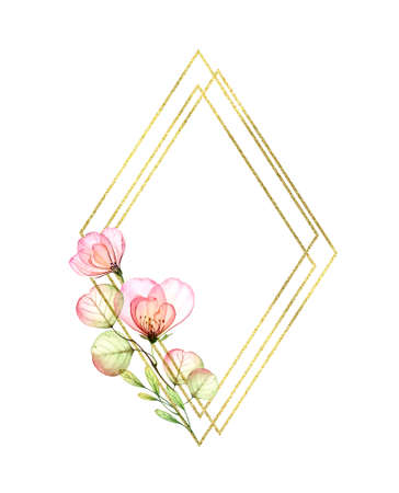 Watercolor Rose frame with golden glitter rhomb and place for text. Botanic hand painted illustration. Vertical composition with flowers and leaves for logo, wedding, greeting cardsの写真素材