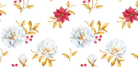 Christmas watercolor seamless pattern. Poinsettia flowers and white roses with golden leaves. Hand...