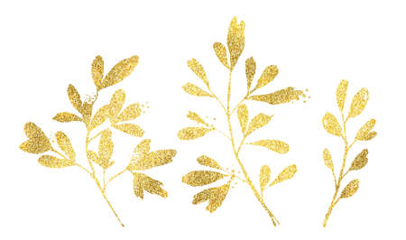 Golden glitter floral elements. Set of ficus branches and leaves in shiny foil. Botanical floral illustration for modern boho bouquets, wedding cardsの写真素材