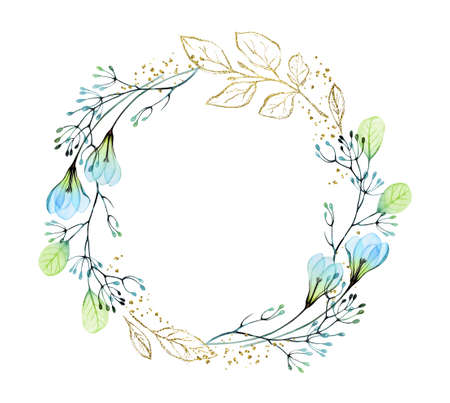 Watercolor wreath with golden glitter and blue floral. Abstract banner with flowers and foil with place for text. Botanical floral background for modern , boho cards and invitationsの写真素材