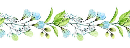 Floral seamless border. Abstract watercolor garland with blue flowers and fresh green leaves. Botanical hand drawn illustration for spring wedding invitations and greeting cardsの写真素材