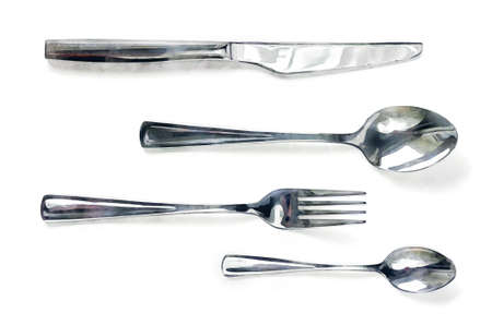 Watercolor spoons knife and fork. Hand drawn realistic illustration with set of four tableware items. Shiny metal kitchen items isolated on whiteの写真素材