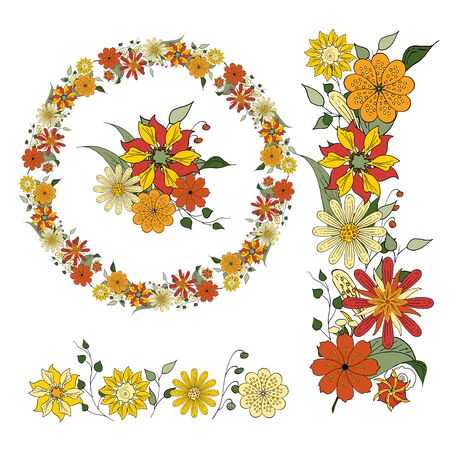 Set Of Autumn Flowers Hand Draw Style Floral Wreath Decor Ative Elements And Border Made Of Flowers And Stylized Herb Isolated On White Tasmeemme Com
