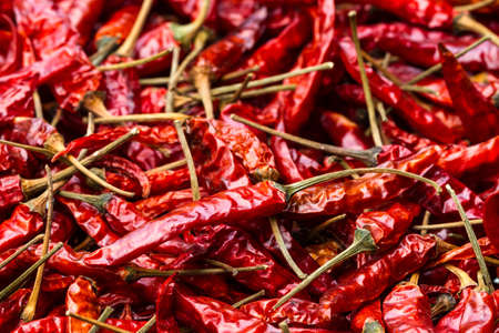 Close up of sun-dried chilli in many red pigments, food ingredient