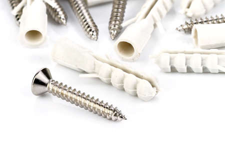 Stainless steel screw and plastic dowel on white background