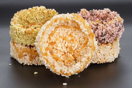 Thai dessert - rice cracker or rice biscuit topping with cane sugarの写真素材