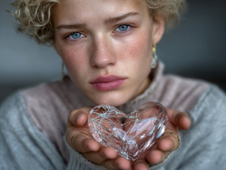 A person with solemn expression holds cracked glass heart, symbolizing fragility and emotion. close up captures intricate details of heart and person contemplative gazeの素材