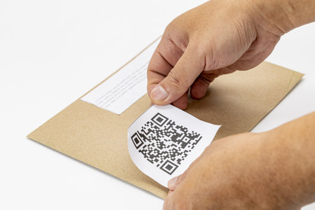 A person is attaching dummy qr code label to brown envelope, demonstrating modern and efficient way to manage information. hands are carefully placing label, indicating attention to detailの写真素材