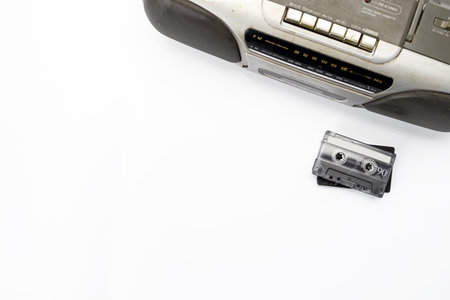 Top view of vintage black and silver cassette tape player, retro analog audio technology isolated on white background with copy space.の写真素材