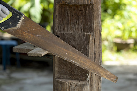 A hand saw is being used to cut wooden plank outdoors, showcasing rustic and natural setting. image captures texture of wood and saw, emphasizing craftsmanshipの写真素材