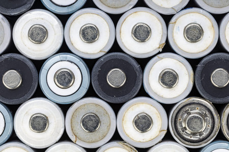Close-up macro photograph of multiple used alkaline batteries viewed from the negative terminal end, showing metallic contacts, white and black insulating discs, and worn cylindrical casings packed
