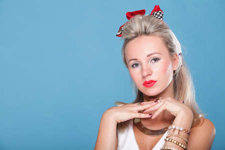 pin up girl - retro style portrait blue backgroundの写真素材
