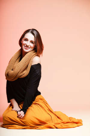 Autumn woman in fashion female, fresh girl glamour eye-lashes full lengthの写真素材