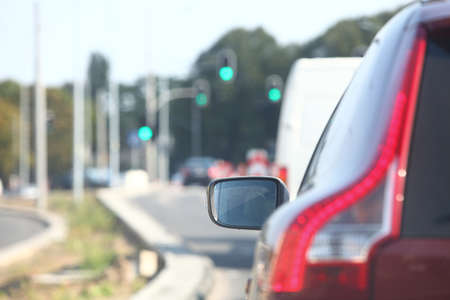 car within traffic jam in rush hour highway in city cars everywhere aroundの写真素材