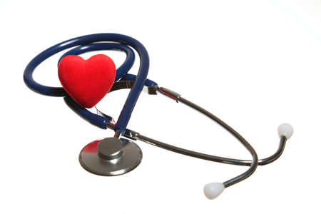 Red heart and a blue stethoscope on white background