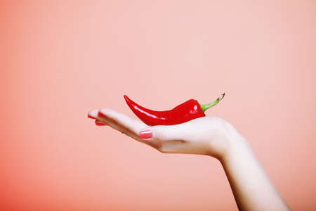 chili pepper in female hand  brown backgroundの写真素材