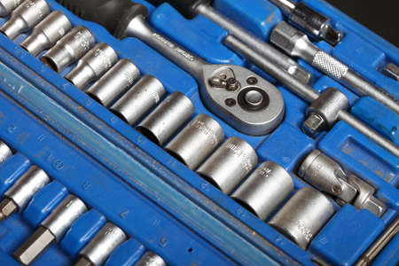 Closeup toolkit set of manual tools in blue box