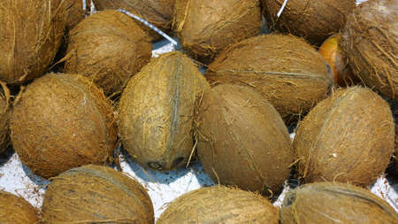 Ripe coconuts in supermarket for sale as background