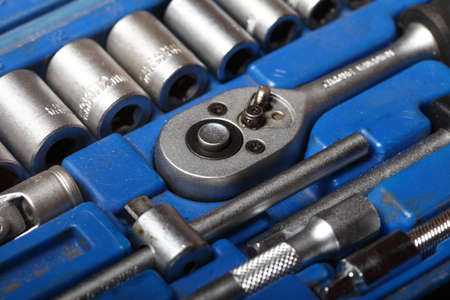 Closeup toolkit set of manual tools in blue boxの写真素材