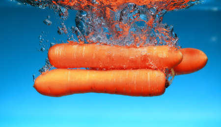 Carrot in the water splash over blue background. Healthy food and active life.の写真素材