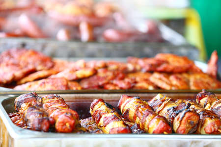 barbecue dinner skewers shish kebab and other meat on BBQの写真素材