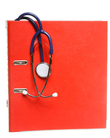 Healthcare, blue stethoscope and red file folder isolated on whiteの写真素材