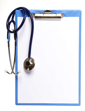 Blank medical clipboard with stethoscope on white backgroundの写真素材