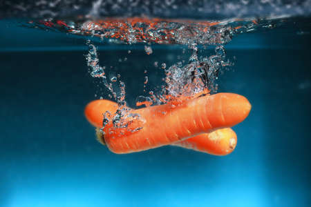 Carrot in the water splash over blue background. Healthy food and active life.の写真素材