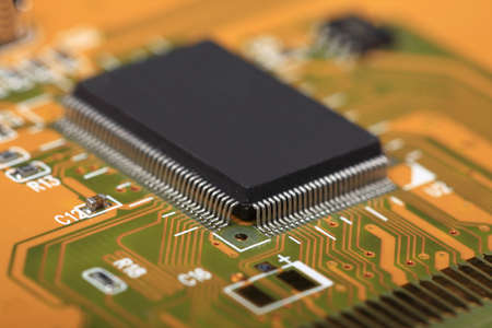Printed Circuit Board with many electrical components, electronics computer part chip