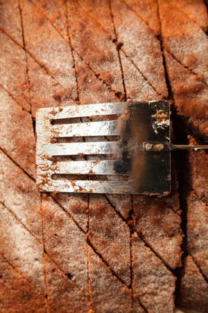 Closeup cake with powder sugar in tin and spatula food backgroundの写真素材