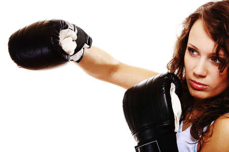 Sportswoman boxer fit woman boxing - isolated over white backgroundの写真素材
