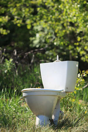 Ecology. Old toilet bowl lying discarded on the nature in forest. Rubbish garbage polluting environment.の写真素材