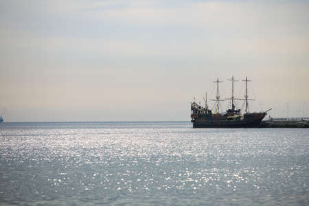 pirate ship on the water of Baltic Sea, big tourist attraction of Tri city in Polandの写真素材