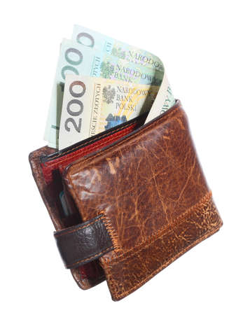 Economy and finance. Wallet with money paper currency polish zloty banknote isolated on white の写真素材