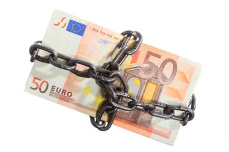 Saving insurance concept. Money for security and investment. Euro currency paper banknotes in chain. Isolated on whiteの写真素材