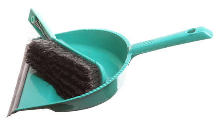 Green sweeping brush and dustpan for house work. Cleaning. の写真素材