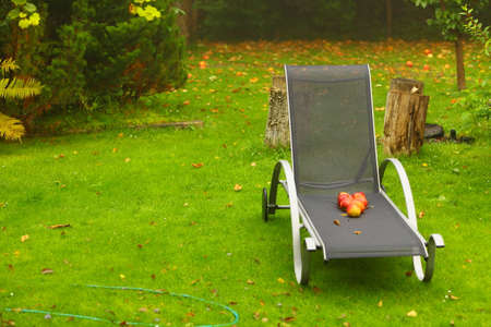 Autumn - fallen red apples on chair in garden.の写真素材