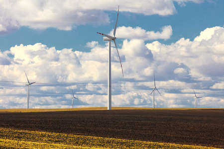 Protection of nature. Wind turbines eco power generator for renewable energy production. Alternative green clean energy, ecology. Cloudy sky meadow.の写真素材