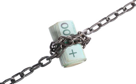 Stack money for security and investment. Polish zloty currency roll paper banknotes in chain....